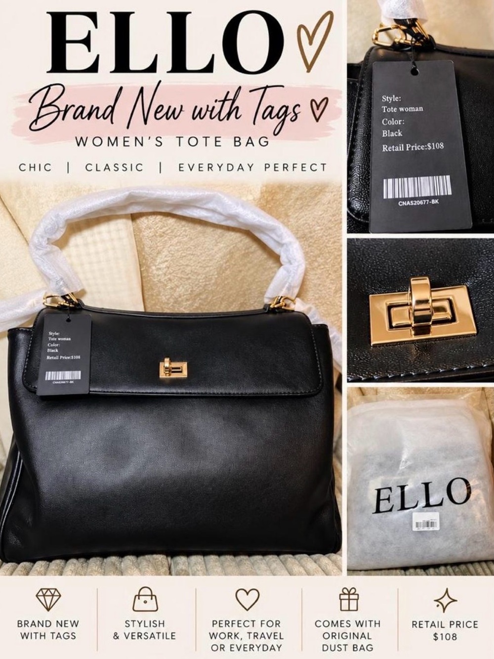 BRAND NEW ELLO BLACK TOTE BAG WITH TAGS